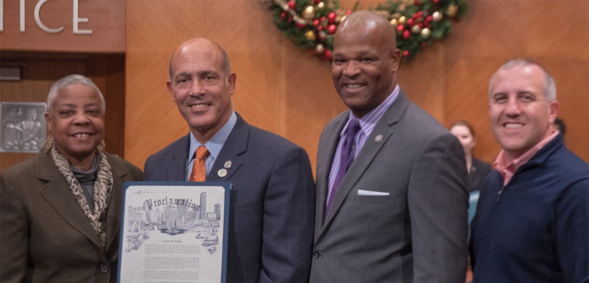 Charic Jellins, Yellowstone College Prep Board Chair Lionel Jellins, Houston City Council Member Dwight Boykins, Yellowstone College Prep Superintendent Ryan Dolibois